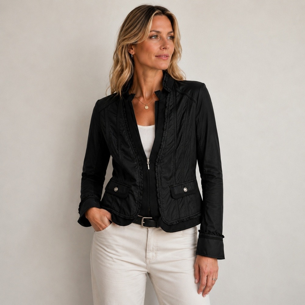 White House Black Market Jacket Women 6 Black Ruffle Quilted Mixed‎ Media Zip